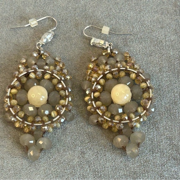 TAUPE tan brown cream beaded crystal rhinestone circular bohemian style earrings - Picture 8 of 8